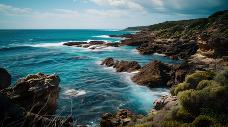 Captivating seascape with clear blue water and rugged coast under a sunny sky, ideal for calming visuals. A.I.の素材