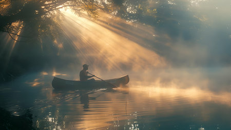 A tranquil canoe journey on a misty lake under the golden rays of sunrise. perfect for calm and adventure themes. A.I.の素材