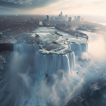 Surreal city with a massive waterfall where skyscrapers meet the sky. ideal for creative projects. A.I.の素材