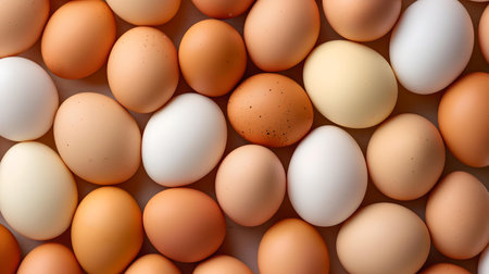 High-angle shot of multiple chicken eggs in an array of natural colors, perfect for nutritious meal concepts. A.I.の素材