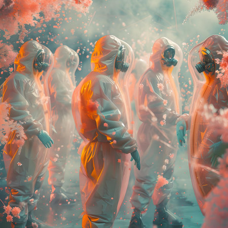 Ethereal fantasy scene with astronauts surrounded by a colorful floral nebula, ideal for contemporary artworks. A.I.の素材