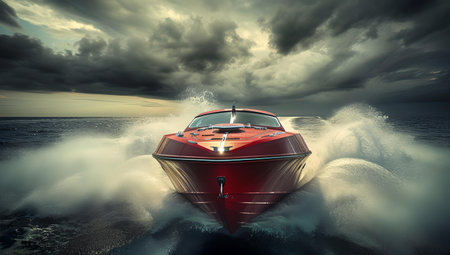 Speedboat cutting through waves at high speed, conveying motion and excitement on a stormy sea backdrop. A.I.の素材