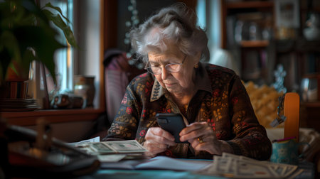 Senior lady engrossed in using a smartphone, showcasing technology adoption by the elderly. A.I.の素材