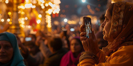 A senior wearing a golden scarf takes a photo with her smartphone amidst a bustling festival crowd. A.I.の素材
