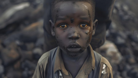 Digital art depicting a young boy with a solemn expression against a bleak backdrop. emotive and compelling. A.I.の素材