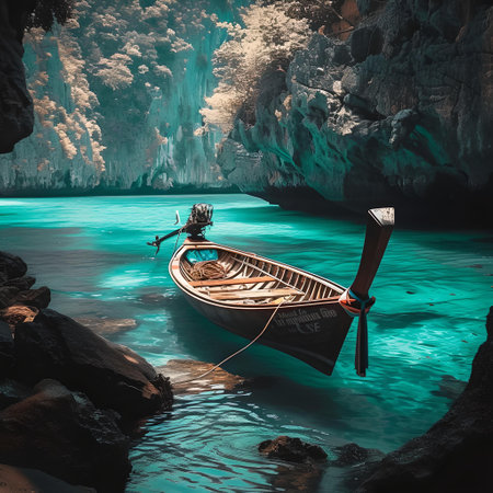 A tranquil boat rests on a crystal-clear blue lake surrounded by cliffs. perfect for serene decor and themes. A.I.の素材