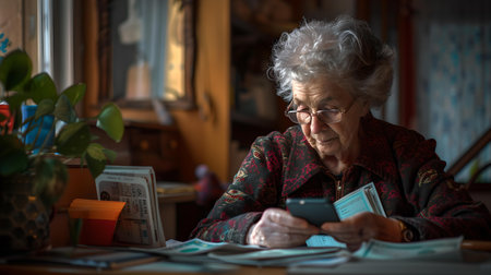An elderly woman reads intently in a warmly lit room, surrounded by personal items, evoking a sense of peace and nostalgia. A.I.の素材