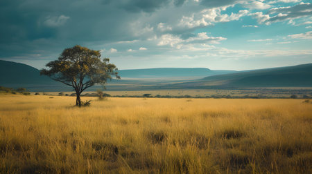 A tranquil scene capturing nature's beauty in a vast, open field with a single tree under a vast sky. A.I.の素材