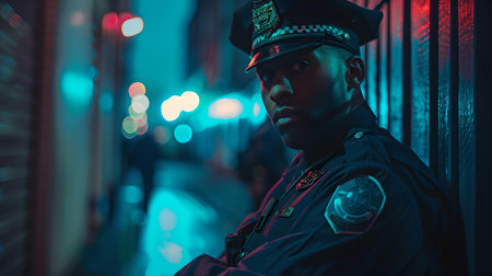 Police officer standing in a vibrant neon-lit alley at night, exudes vigilance and authority. A.I.の素材