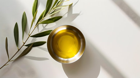 A bowl of olive oil with a lush green olive branch set against a clean white background with shadows. A.I.の素材