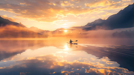 A serene sunrise over a still lake with a lone canoe and reflective waters. ideal for peaceful content. A.I.の素材