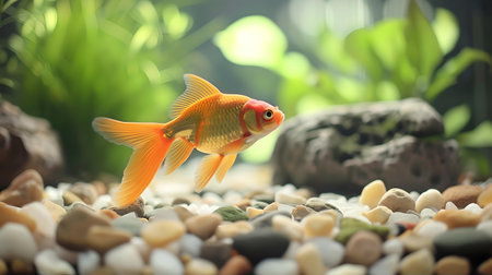 Vibrant goldfish explores its aquatic home among pebbles and greenery, embodying tranquility and beauty in a fish tank setup. A.I.