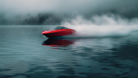 A sleek red speedboat cuts through serene waters amidst enveloping mist, conveying motion and adventure. A.I.の素材