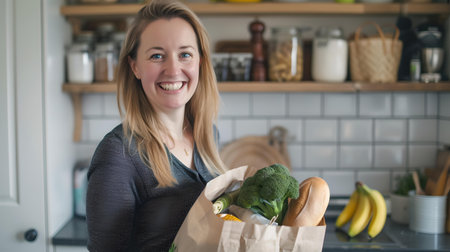 Smiling female presenting organic produce at home. lifestyle image promoting wellbeing and healthy food. A.I.の素材
