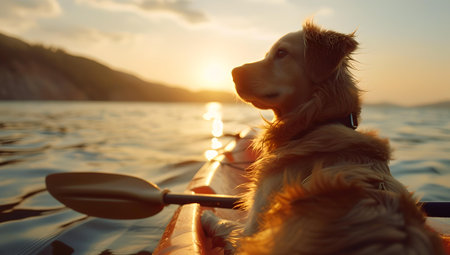A peaceful scene with a dog kayaking at sunset, embodied adventure and the bond between pets and nature. A.I.の素材