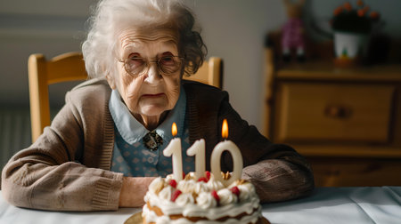 Senior woman with a birthday cake, displaying 110 years. capturing a moment of age, celebration, and joy. A.I.の素材