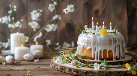 Cozy easter setting with a glazed cake, lit candles, and spring flowers on a wooden backdrop. A.I.の素材