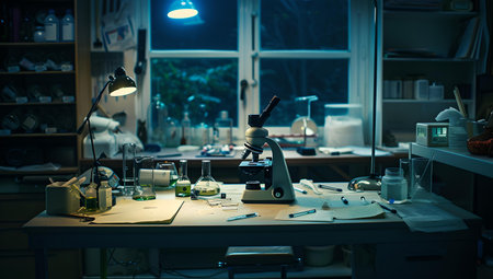 A mysterious night-time workshop scene with an illuminated desk, various tools, and electronic components. A.I.の素材