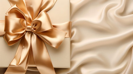 Luxury gift box tied with a golden ribbon, presented on a smooth silk background. perfect for elegant occasions. A.I.の素材
