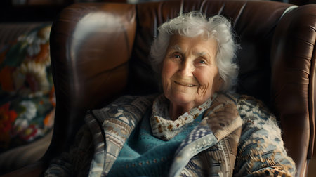 Warm portrait of a senior woman relaxed at home, exuding happiness and contentment in her environment. A.I.の素材