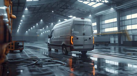 White delivery van parked inside a large warehouse, symbolizing logistics, transportation, and cargo services. A.I.の素材