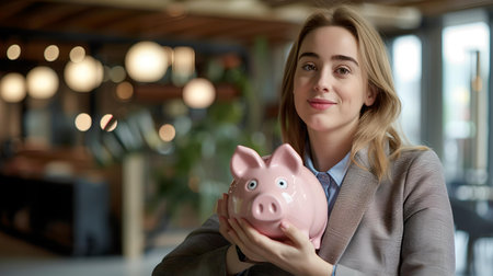 Professional woman holds a piggy bank, symbolizing financial savings and investments in a cozy office atmosphere. A.I.の素材