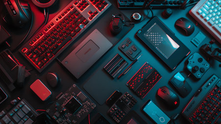 Array of tech devices and accessories under moody lighting, evoking a high-tech aesthetic. A.I.の素材