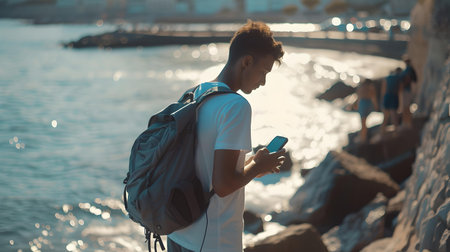A male traveler with a backpack checks his phone by the ocean during golden hour. casual and candid. A.I.の素材