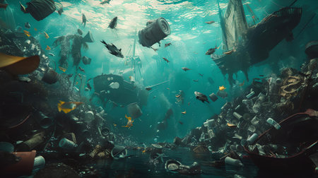Ocean scenery with marine animals swimming amidst plastic litter illustrating environmental issues. A.I.の素材