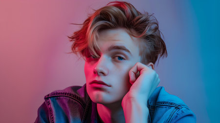 Portrait of a trendy young man in a casual jacket. illuminated by neon lights with a passive look. A.I.の素材