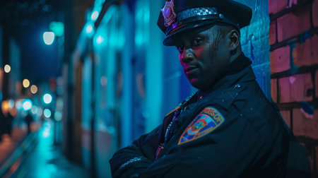 An imposing police officer stands alert on neon-lit streets, epitomizing law enforcement presence at night. A.I.の素材