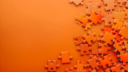 Scattered orange puzzle pieces on a uniform background symbolizing problem-solving and creativity. A.I.の素材