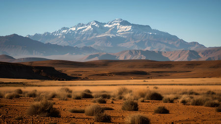 Captivating view of a snow-capped mountain behind a tranquil desert terrain under a clear sky. A.I.の素材