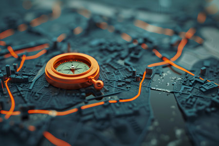 An old-fashioned compass rests on a detailed map, highlighting paths with vivid orange lines. ideal for adventure themes. A.I.の素材