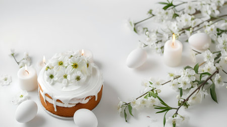 White easter cake with spring blossom and candles on a light background. ideal for festive designs. A.I.の素材