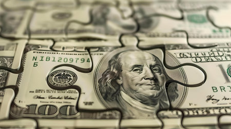 Jigsaw puzzle assembled from pieces of a hundred dollar bills, depicting financial solutions concept. A.I.の素材