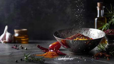 Fresh spices caught in a toss, creating a dynamic kitchen scene perfect for culinary themes. A.I.の素材