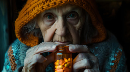 Close-up of a worried elderly woman with medication, capturing a moment of healthcare in elder life. A.I.の素材