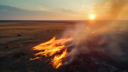 Wildfire spreads across the plains at sunset, striking image of natural beauty and danger. majestic and powerful. A.I.の素材