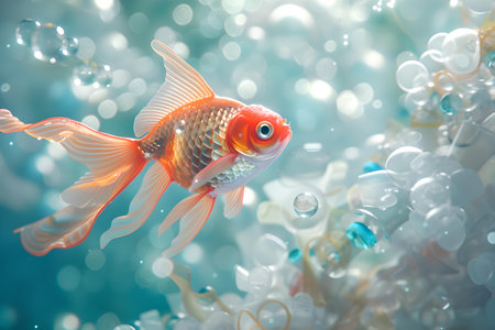 A colorful goldfish swims among translucent bubbles. ideal for aquatic design projects and pet care materials. A.I.の素材