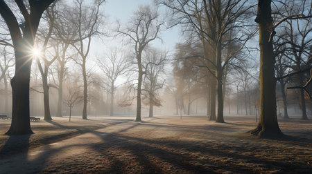 A tranquil park at sunrise with mist and sunbeams. ideal for peaceful and natural themed projects. A.I.の素材