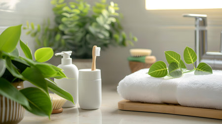 Sustainable bathroom set with natural accessories and soft towel. eco-friendly wellness concept. A.I.の素材