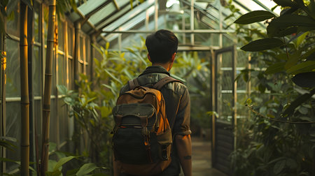 Back view of a young man wandering in a sunlit greenhouse surrounded by greenery, exploring nature's beauty. A.I.の素材