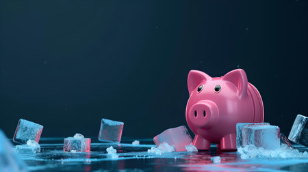 A pink piggy bank stands amidst melting ice, illustrating concepts of finance, savings, and investment security. A.I.の素材