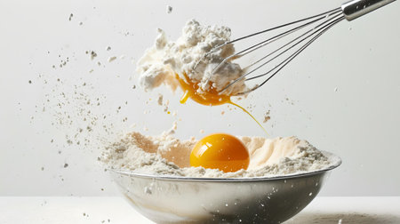 A whiskey stirring an egg and flour, splashing in a bowl in a dynamic freeze-frame action, capturing the essence of cooking. A.I.の素材