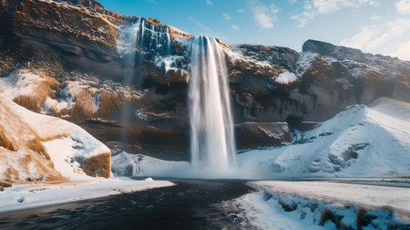 Majestic waterfall cascading into icy river with snow-covered rocks against blue sky backdrop. ideal for decor. A.I.の素材