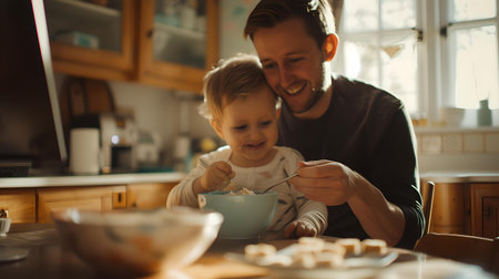 Joyful father and young child bonding over baking at home kitchen. family, love, and learning concept. A.I.の素材