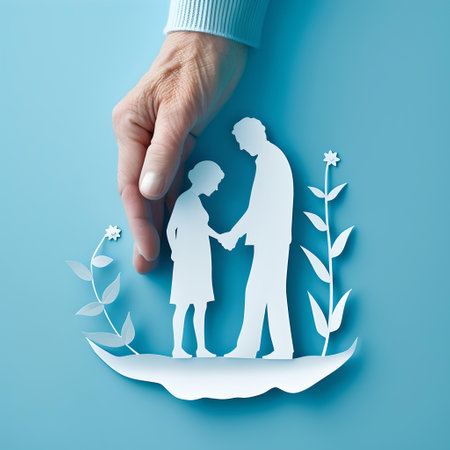 A serene paper cut art of a family with a child holding hands, amidst nature, showcased on blue. A.I.の素材