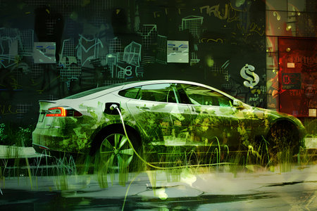 Digital illustration of a modern electric vehicle charging, overlaid with eco-friendly and financial icons. A.I.の素材