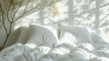Sunlight streams onto a soft white bed, creating a warm, serene bedroom scene perfect for design inspiration. A.I.の素材